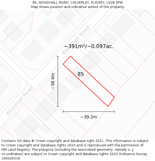 85, WOODHALL ROAD, CALVERLEY, PUDSEY, LS28 5PW: Plot and title map