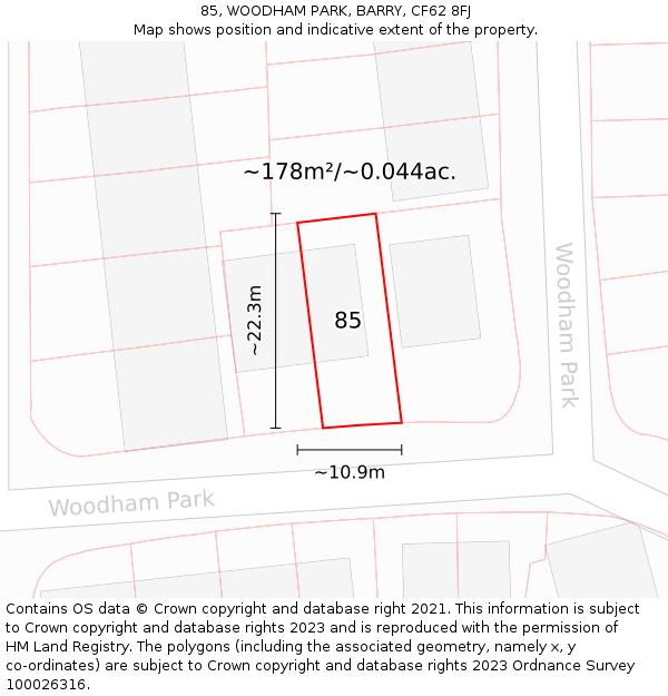 85, WOODHAM PARK, BARRY, CF62 8FJ: Plot and title map