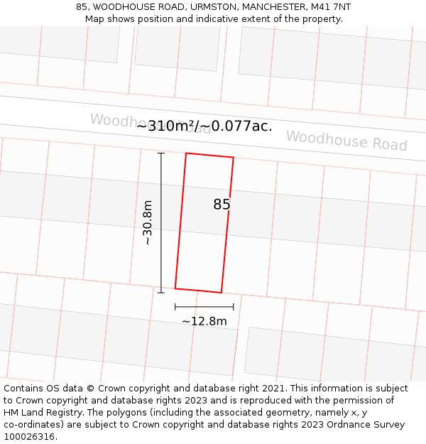 85, WOODHOUSE ROAD, URMSTON, MANCHESTER, M41 7NT: Plot and title map