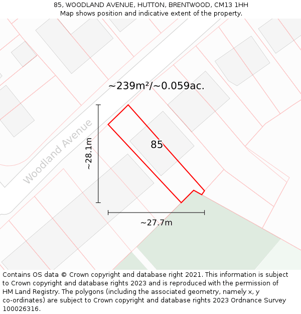 85, WOODLAND AVENUE, HUTTON, BRENTWOOD, CM13 1HH: Plot and title map