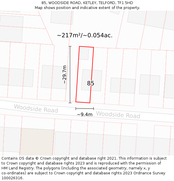 85, WOODSIDE ROAD, KETLEY, TELFORD, TF1 5HD: Plot and title map