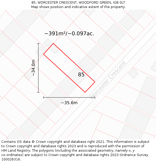 85, WORCESTER CRESCENT, WOODFORD GREEN, IG8 0LT: Plot and title map
