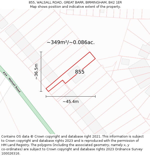 855, WALSALL ROAD, GREAT BARR, BIRMINGHAM, B42 1ER: Plot and title map