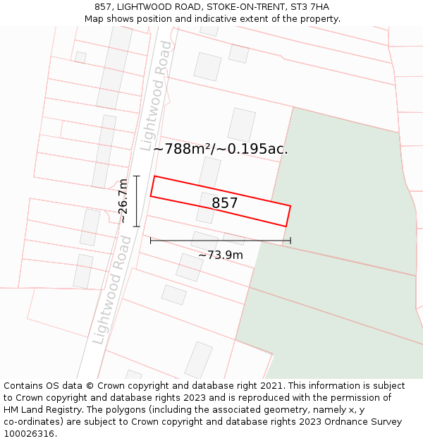 857, LIGHTWOOD ROAD, STOKE-ON-TRENT, ST3 7HA: Plot and title map