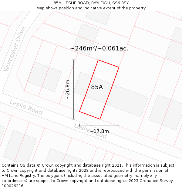 85A, LESLIE ROAD, RAYLEIGH, SS6 8SY: Plot and title map