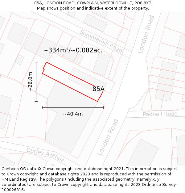 85A, LONDON ROAD, COWPLAIN, WATERLOOVILLE, PO8 8XB: Plot and title map