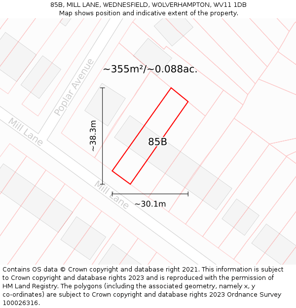 85B, MILL LANE, WEDNESFIELD, WOLVERHAMPTON, WV11 1DB: Plot and title map