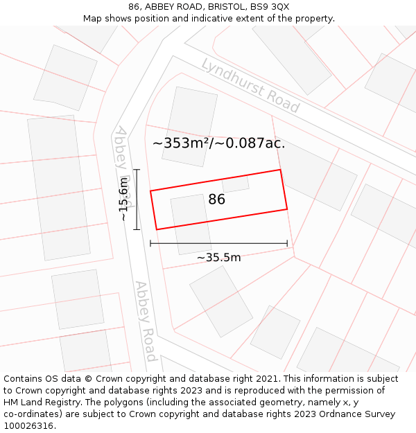 86, ABBEY ROAD, BRISTOL, BS9 3QX: Plot and title map