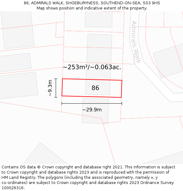 86, ADMIRALS WALK, SHOEBURYNESS, SOUTHEND-ON-SEA, SS3 9HS: Plot and title map