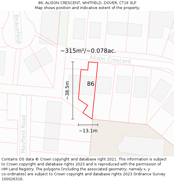 86, ALISON CRESCENT, WHITFIELD, DOVER, CT16 3LP: Plot and title map
