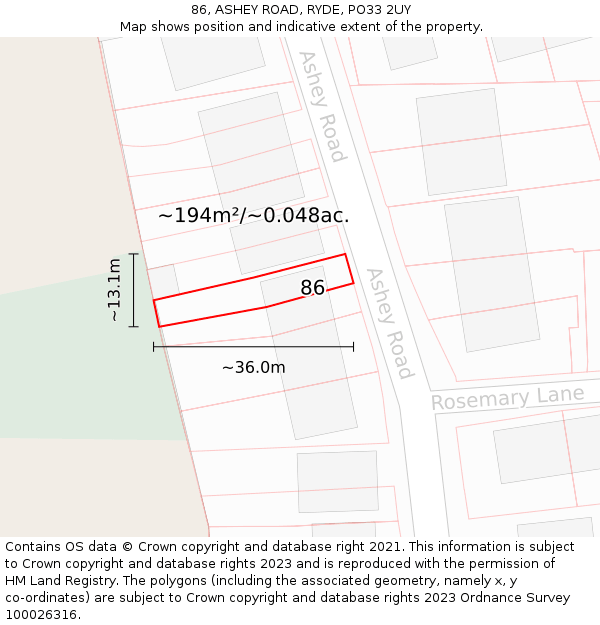 86, ASHEY ROAD, RYDE, PO33 2UY: Plot and title map