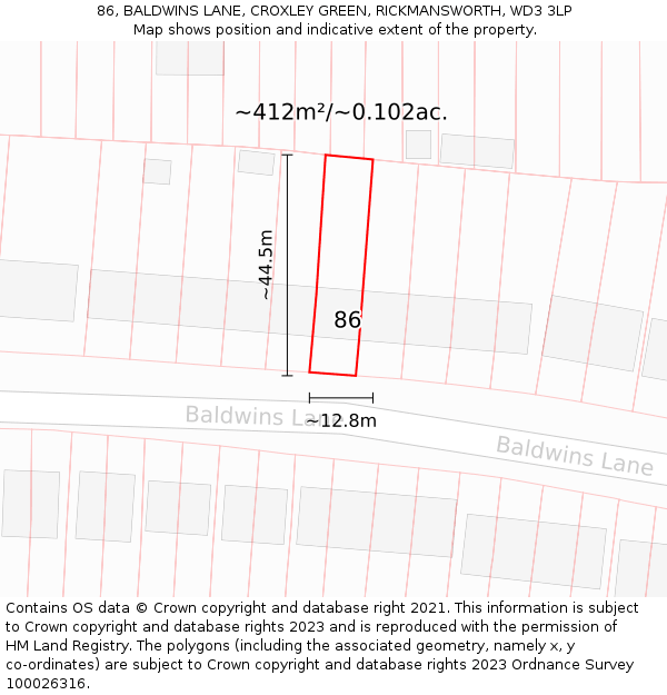 86, BALDWINS LANE, CROXLEY GREEN, RICKMANSWORTH, WD3 3LP: Plot and title map