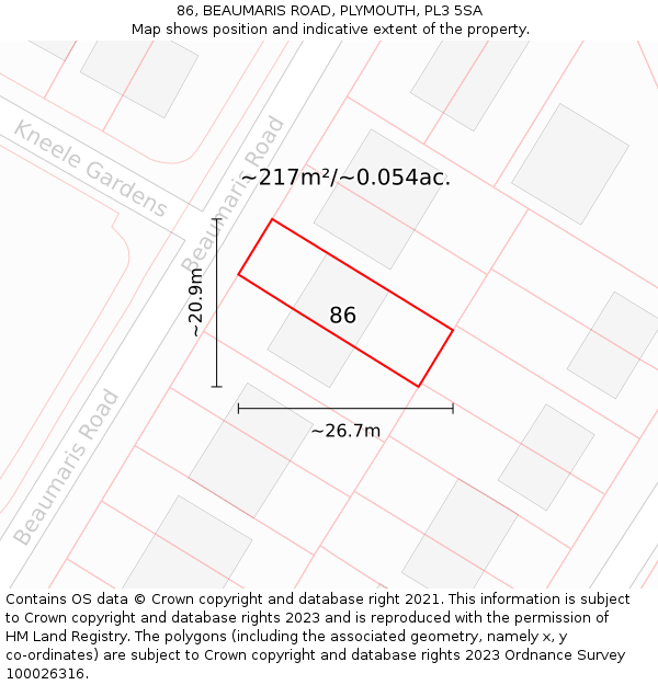 86, BEAUMARIS ROAD, PLYMOUTH, PL3 5SA: Plot and title map