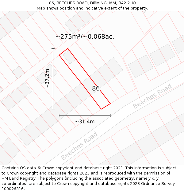 86, BEECHES ROAD, BIRMINGHAM, B42 2HQ: Plot and title map