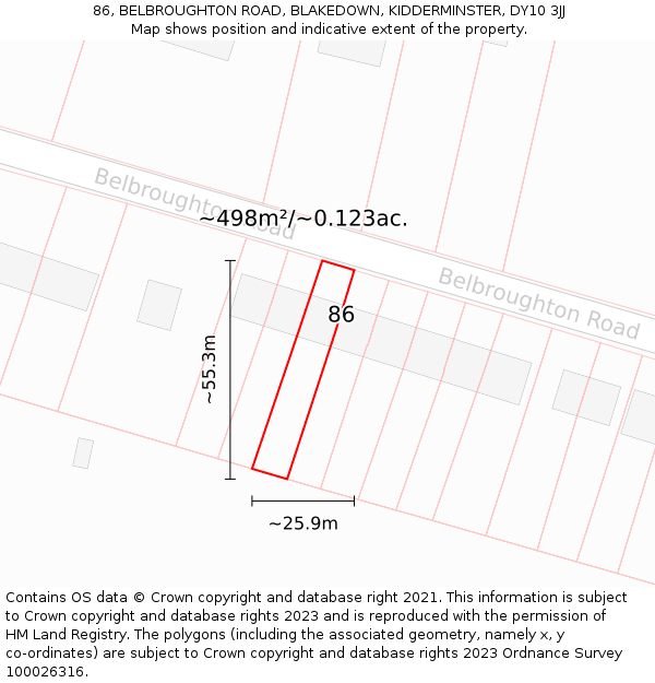 86, BELBROUGHTON ROAD, BLAKEDOWN, KIDDERMINSTER, DY10 3JJ: Plot and title map