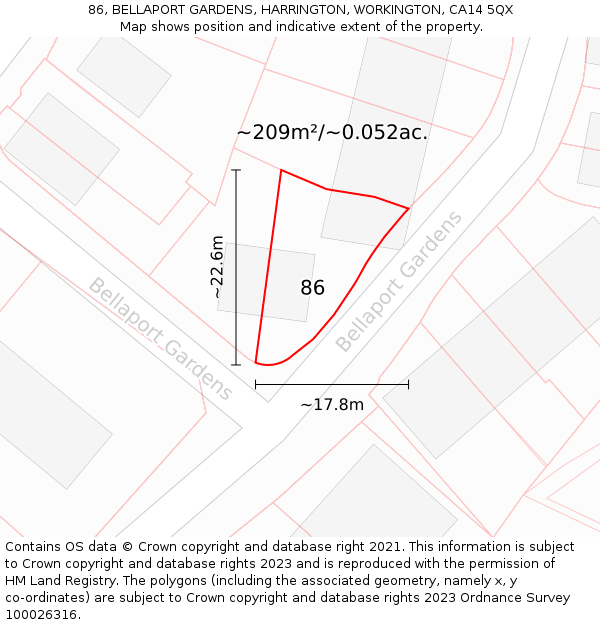 86, BELLAPORT GARDENS, HARRINGTON, WORKINGTON, CA14 5QX: Plot and title map