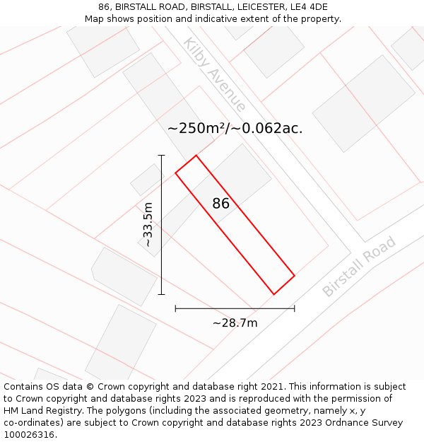 86, BIRSTALL ROAD, BIRSTALL, LEICESTER, LE4 4DE: Plot and title map