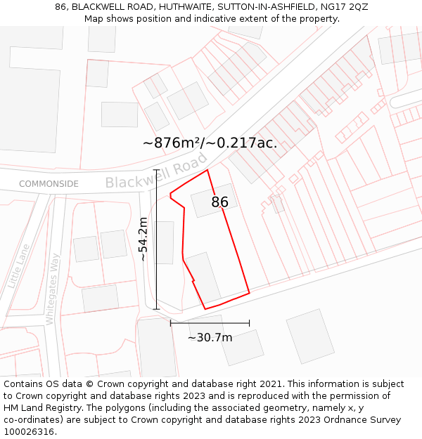 86, BLACKWELL ROAD, HUTHWAITE, SUTTON-IN-ASHFIELD, NG17 2QZ: Plot and title map