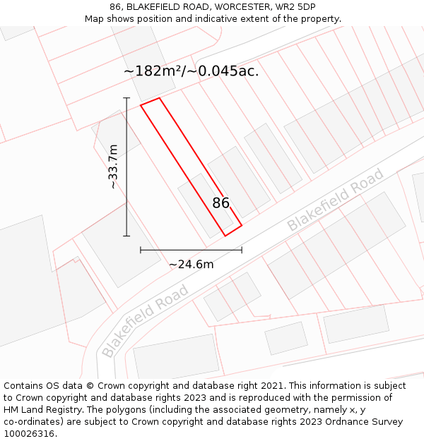 86, BLAKEFIELD ROAD, WORCESTER, WR2 5DP: Plot and title map