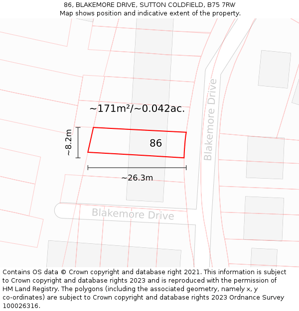 86, BLAKEMORE DRIVE, SUTTON COLDFIELD, B75 7RW: Plot and title map