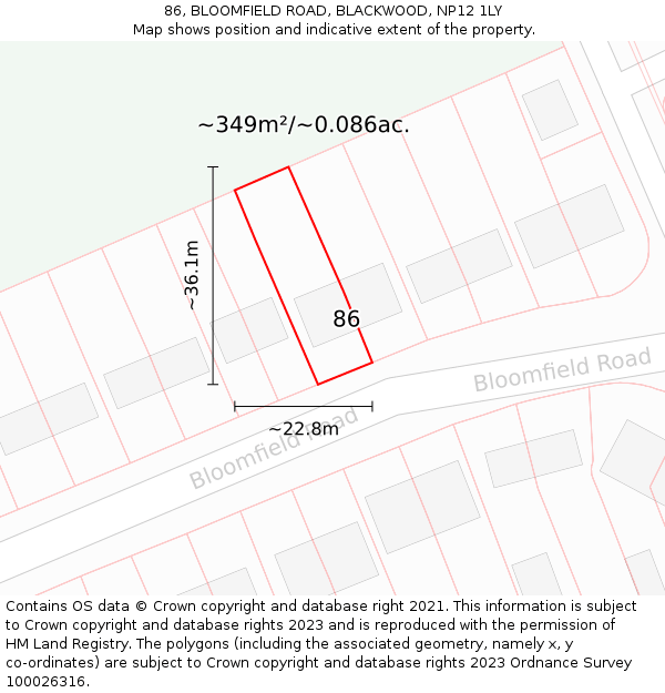 86, BLOOMFIELD ROAD, BLACKWOOD, NP12 1LY: Plot and title map