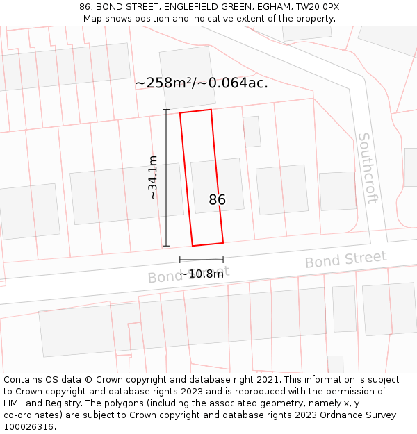 86, BOND STREET, ENGLEFIELD GREEN, EGHAM, TW20 0PX: Plot and title map