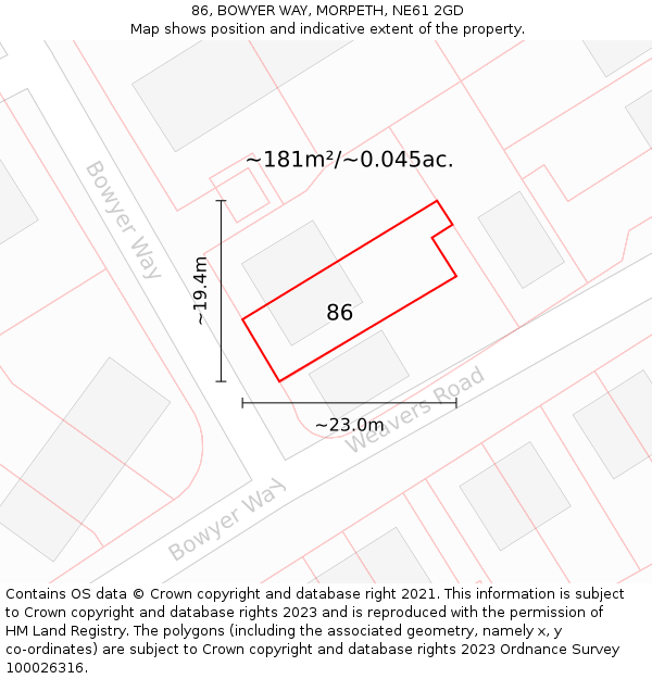 86, BOWYER WAY, MORPETH, NE61 2GD: Plot and title map
