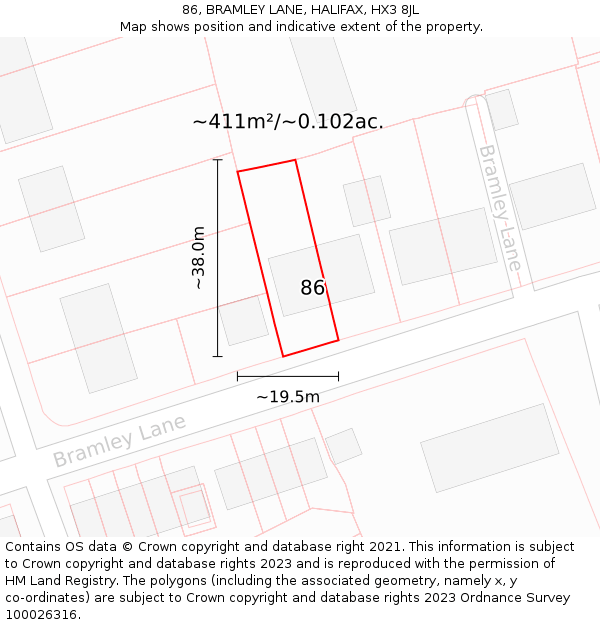 86, BRAMLEY LANE, HALIFAX, HX3 8JL: Plot and title map