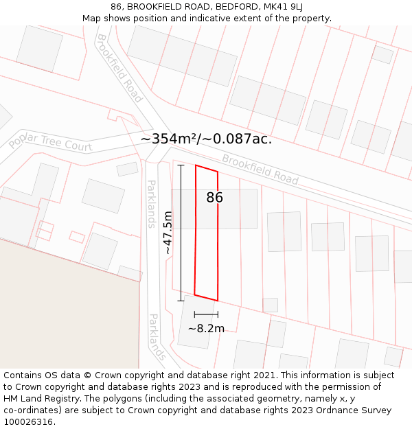 86, BROOKFIELD ROAD, BEDFORD, MK41 9LJ: Plot and title map