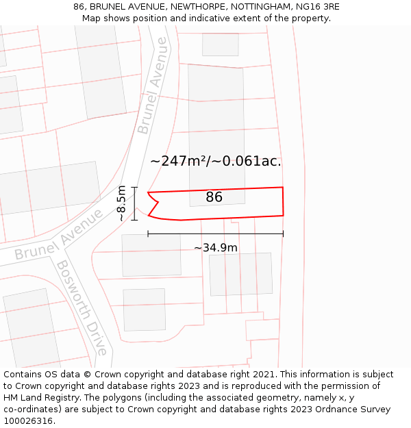 86, BRUNEL AVENUE, NEWTHORPE, NOTTINGHAM, NG16 3RE: Plot and title map