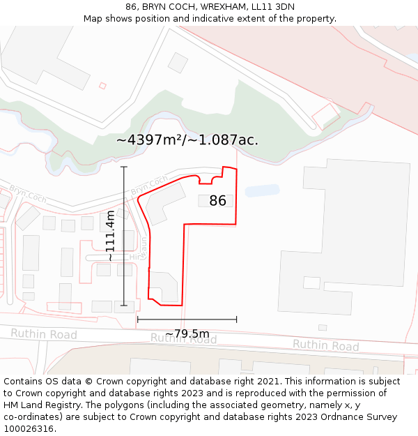 86, BRYN COCH, WREXHAM, LL11 3DN: Plot and title map