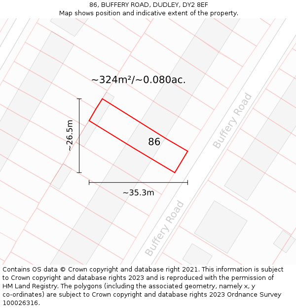 86, BUFFERY ROAD, DUDLEY, DY2 8EF: Plot and title map