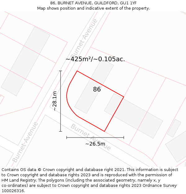 86, BURNET AVENUE, GUILDFORD, GU1 1YF: Plot and title map