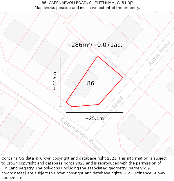 86, CAERNARVON ROAD, CHELTENHAM, GL51 3JP: Plot and title map