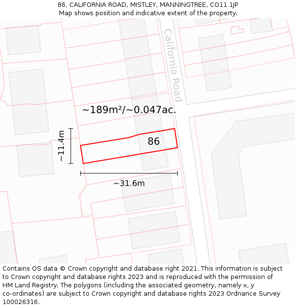 86, CALIFORNIA ROAD, MISTLEY, MANNINGTREE, CO11 1JP: Plot and title map