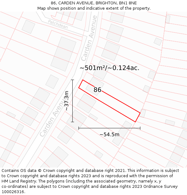 86, CARDEN AVENUE, BRIGHTON, BN1 8NE: Plot and title map