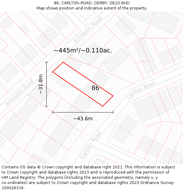 86, CARLTON ROAD, DERBY, DE23 6HD: Plot and title map