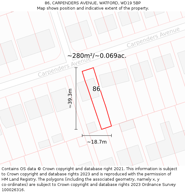 86, CARPENDERS AVENUE, WATFORD, WD19 5BP: Plot and title map