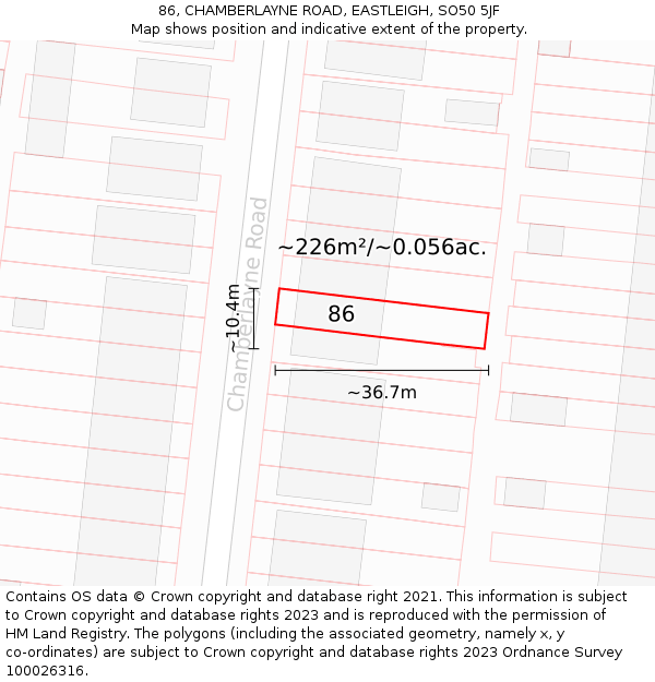 86, CHAMBERLAYNE ROAD, EASTLEIGH, SO50 5JF: Plot and title map