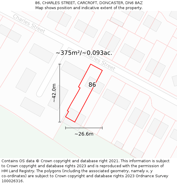 86, CHARLES STREET, CARCROFT, DONCASTER, DN6 8AZ: Plot and title map