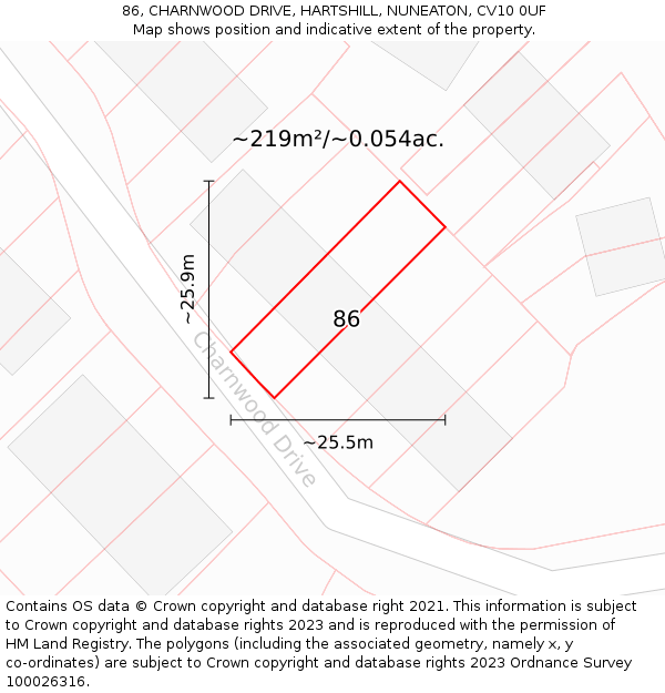 86, CHARNWOOD DRIVE, HARTSHILL, NUNEATON, CV10 0UF: Plot and title map