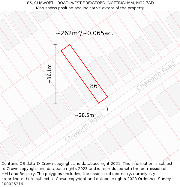 86, CHAWORTH ROAD, WEST BRIDGFORD, NOTTINGHAM, NG2 7AD: Plot and title map