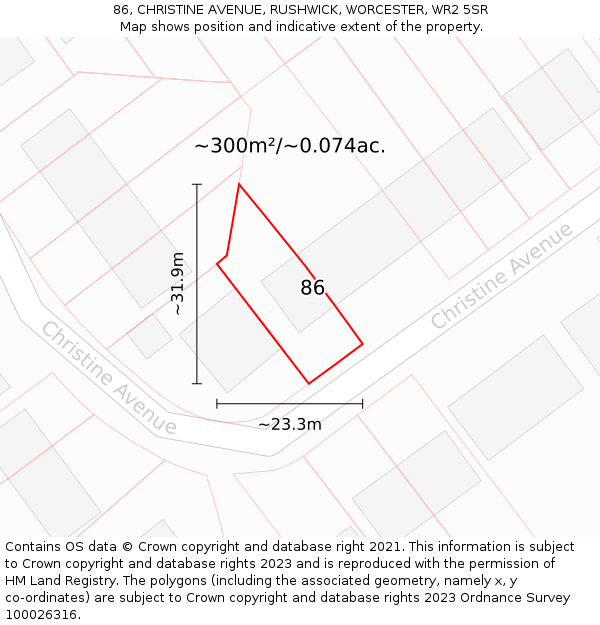 86, CHRISTINE AVENUE, RUSHWICK, WORCESTER, WR2 5SR: Plot and title map