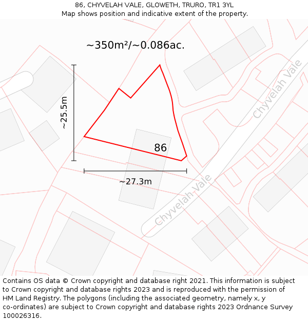 86, CHYVELAH VALE, GLOWETH, TRURO, TR1 3YL: Plot and title map