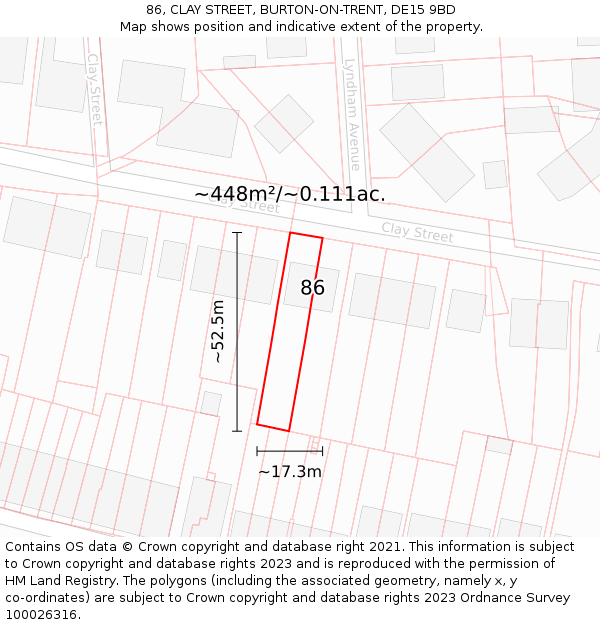 86, CLAY STREET, BURTON-ON-TRENT, DE15 9BD: Plot and title map