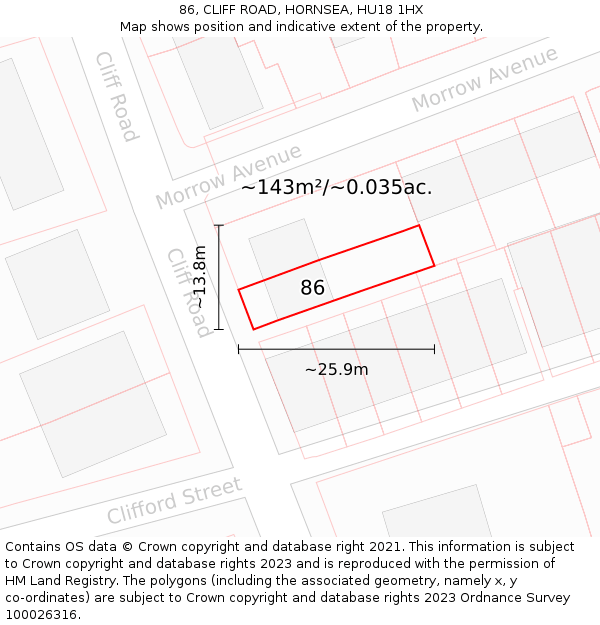 86, CLIFF ROAD, HORNSEA, HU18 1HX: Plot and title map