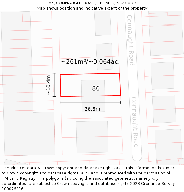 86, CONNAUGHT ROAD, CROMER, NR27 0DB: Plot and title map