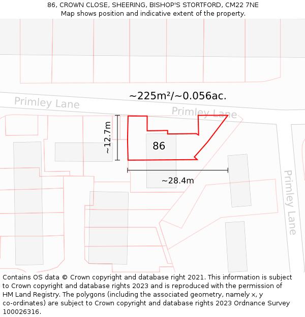 86, CROWN CLOSE, SHEERING, BISHOP'S STORTFORD, CM22 7NE: Plot and title map