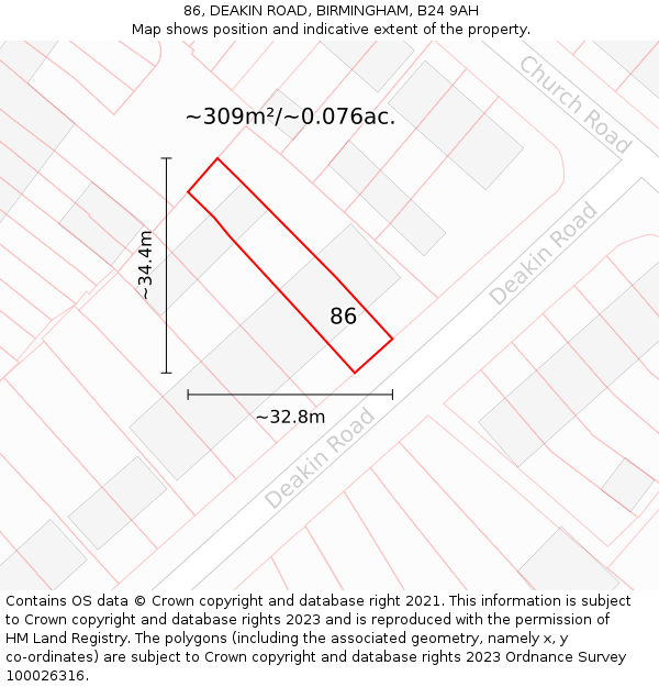 86, DEAKIN ROAD, BIRMINGHAM, B24 9AH: Plot and title map