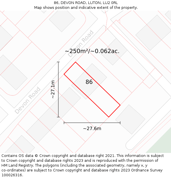 86, DEVON ROAD, LUTON, LU2 0RL: Plot and title map